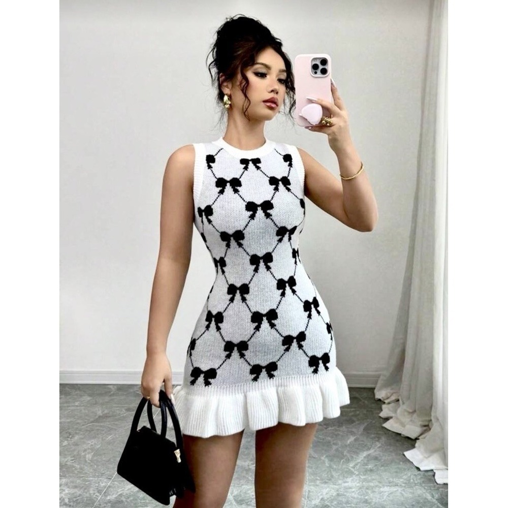 White Black Knitted Bow Bodycon Mini Dress Women SMALL Sleeveless Stretchy Short
